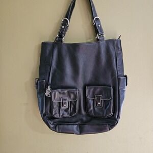 Lauren by Ralph Lauren Black Pebbled Leather Shoulder Bag/Handbag Front Pockets.